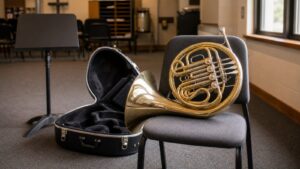 Beginner French horn on a padded chair in a clean school music room