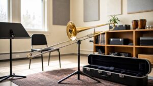 Beginner trombone on a stand in a clean music classroom practice room