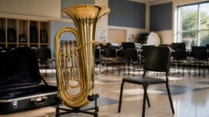 Beginner tuba resting on a stand in a clean school band room