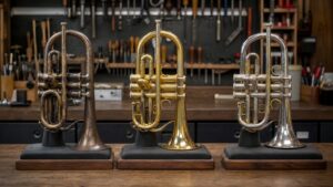 Three different brass cornets displayed on stands in an instrument shop
