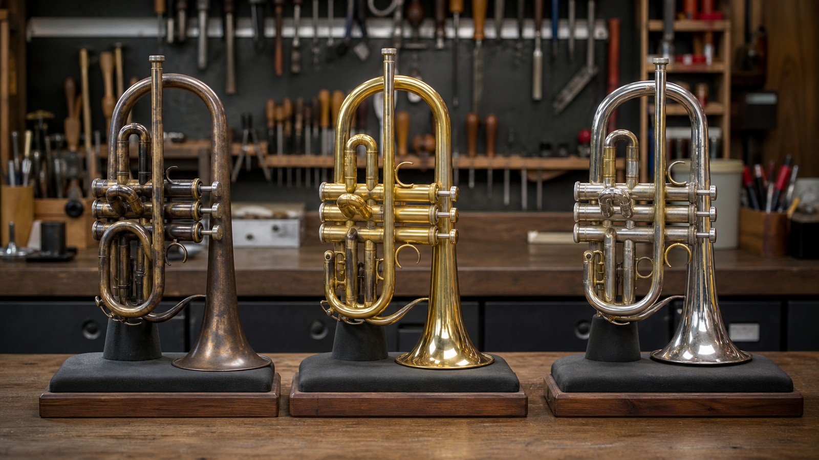 Three different brass cornets displayed on stands in an instrument shop