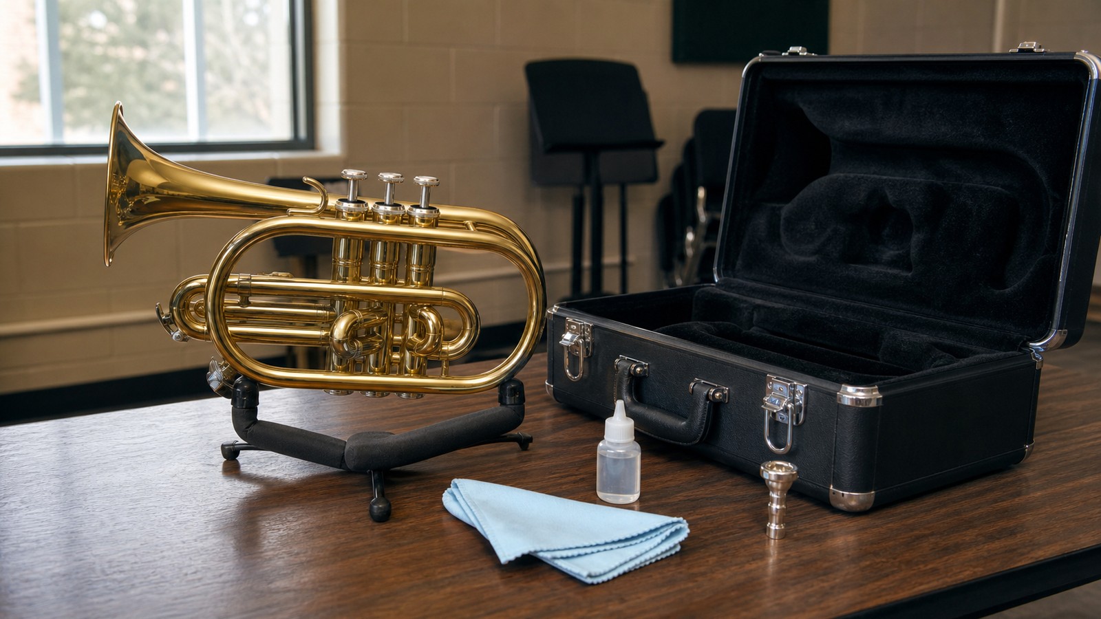 Beginner brass cornet beside an open case and care supplies