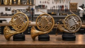 Several French horns displayed on padded stands in a brass showroom
