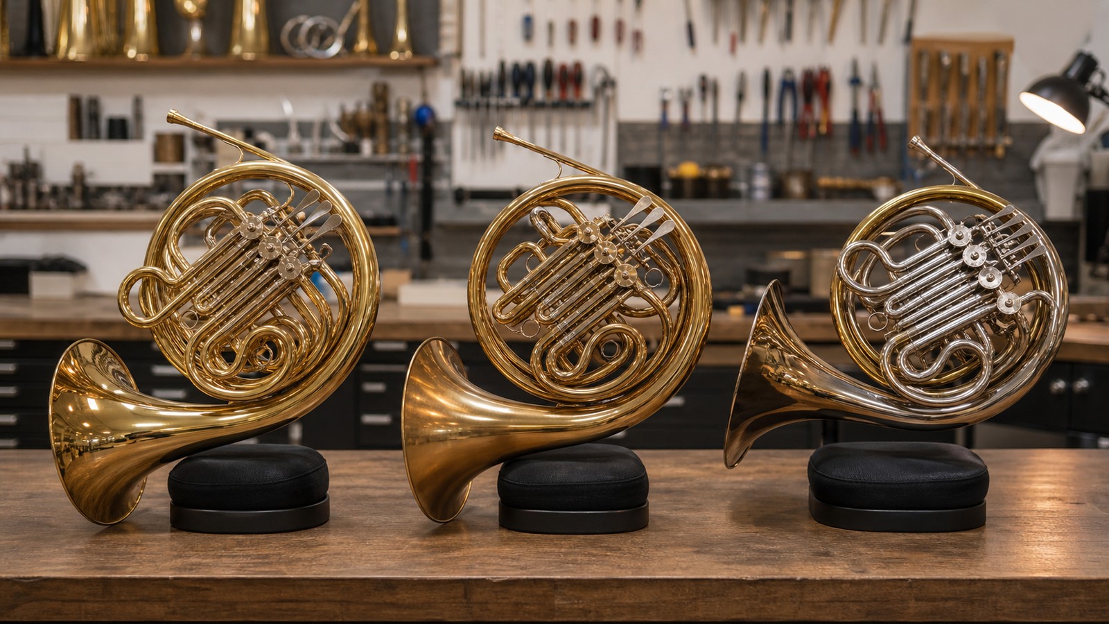 Several French horns displayed on padded stands in a brass showroom