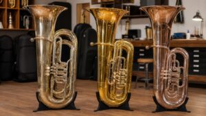 Several tubas displayed on stands in a quiet brass instrument showroom