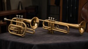 A cornet and trumpet resting side by side in a music studio
