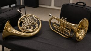 French horn and mellophone displayed side by side for comparison