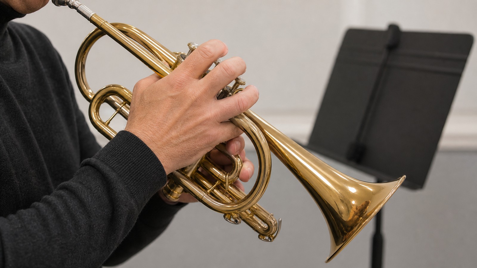 Hands holding a brass cornet in playing position during practice