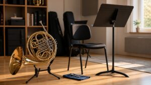 French horn practice setup in a quiet room with chair and music stand