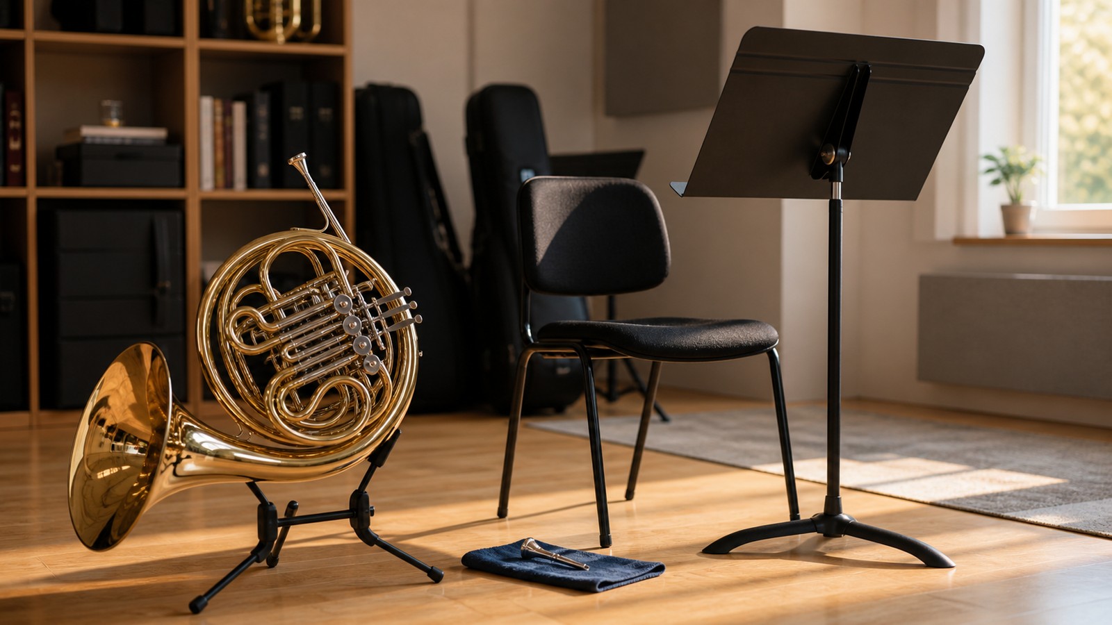 French horn practice setup in a quiet room with chair and music stand