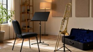 Trombone practice setup in a quiet room with chair and instrument case
