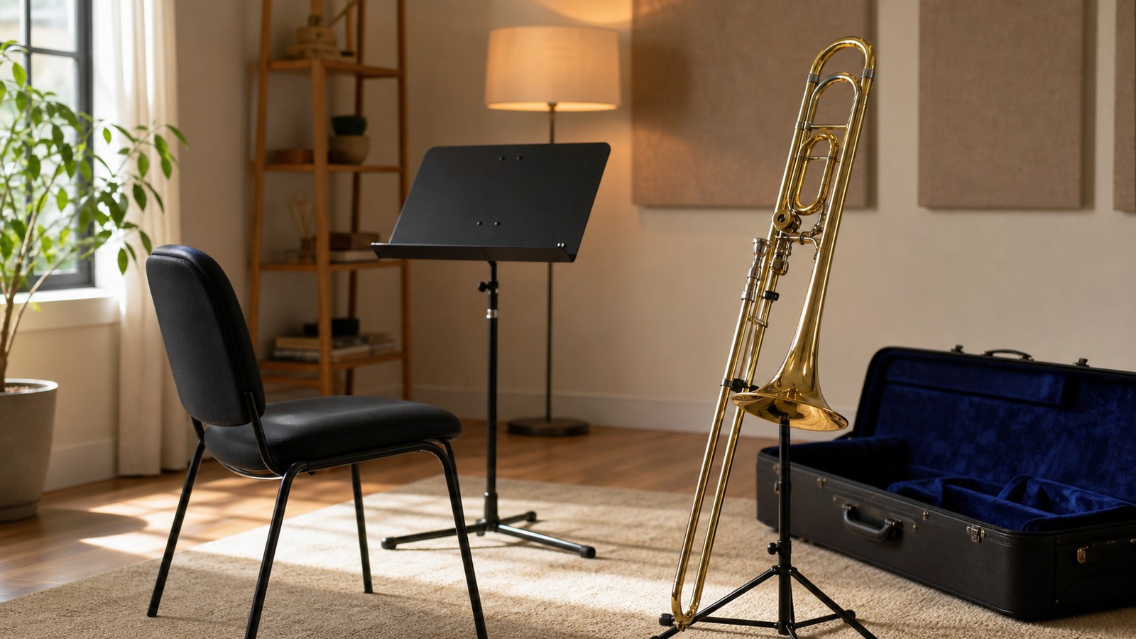 Trombone practice setup in a quiet room with chair and instrument case