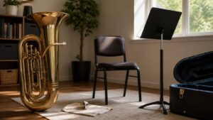Tuba practice setup in a quiet room with chair, mouthpiece, and open case