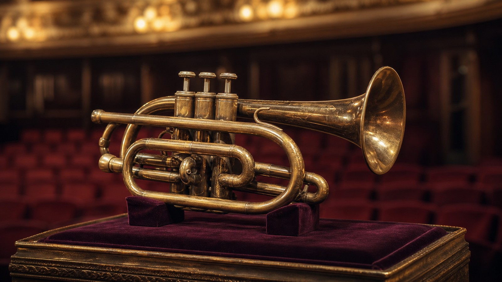 Vintage brass cornet displayed on a velvet stand in a concert hall