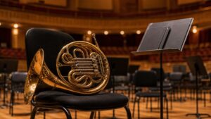 French horn resting on a chair on a warmly lit symphony hall stage