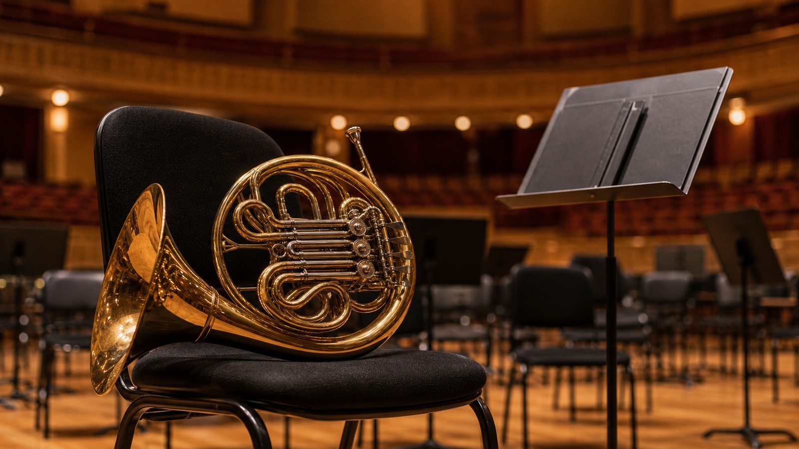 French horn resting on a chair on a warmly lit symphony hall stage