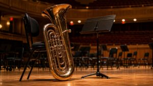 Tuba on a warmly lit concert hall stage beside a musician chair