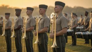 Marching trombonists holding instruments at rest on an outdoor rehearsal field