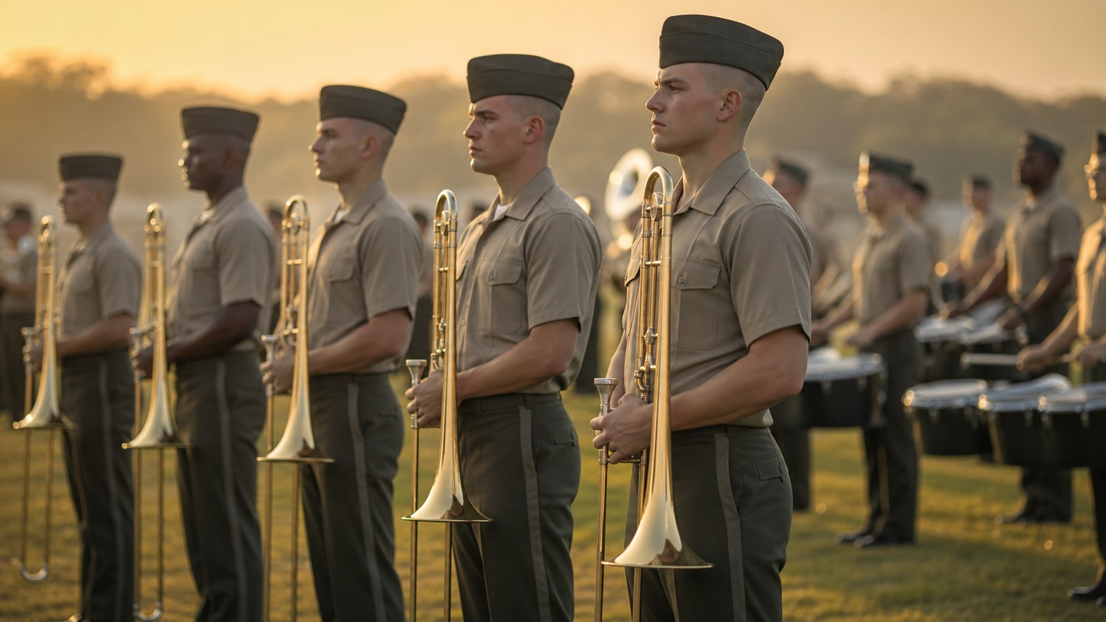 Marching trombonists holding instruments at rest on an outdoor rehearsal field