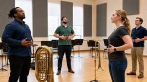 Low brass players practicing breathing exercises in a rehearsal room