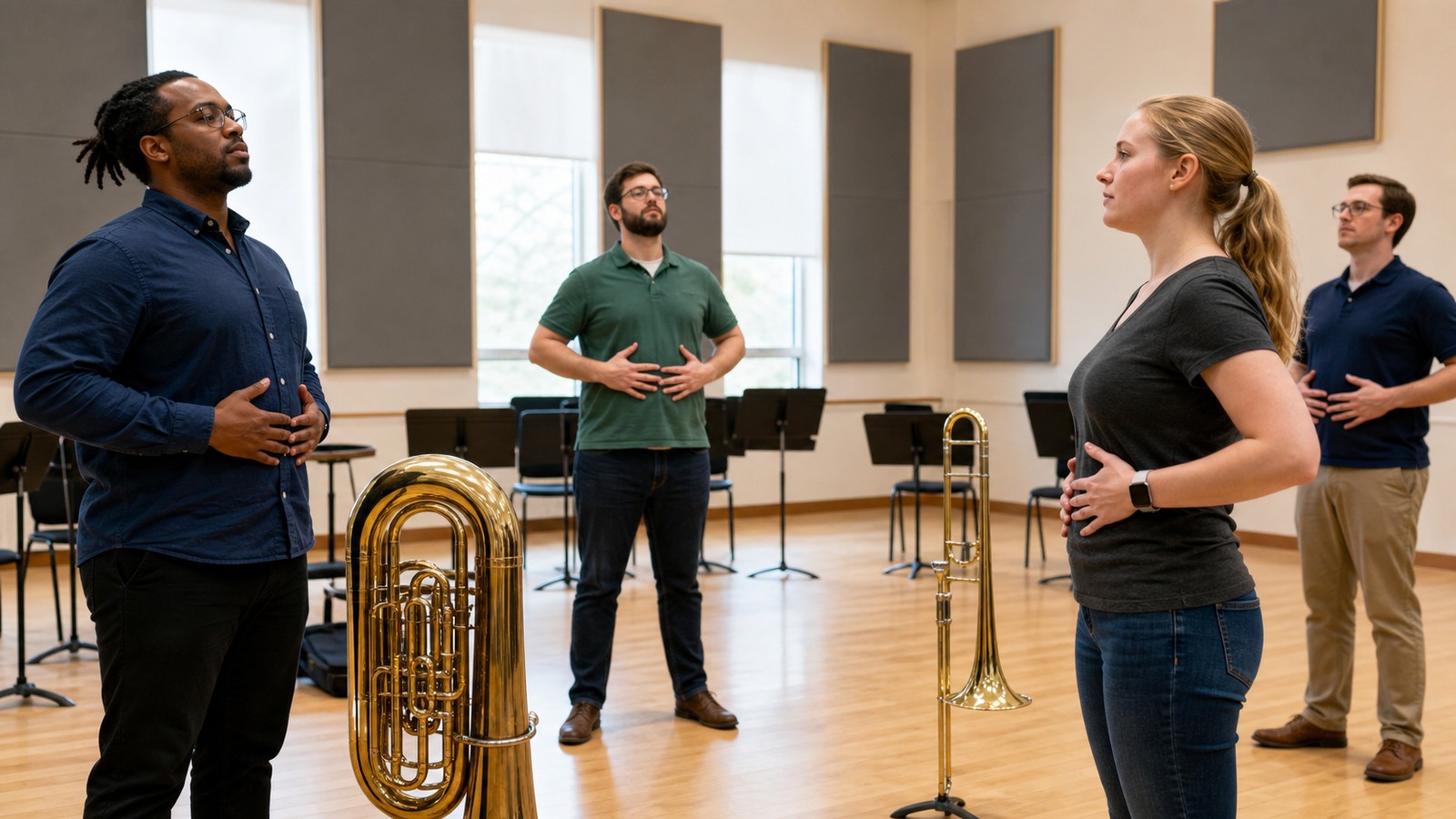Low brass players practicing breathing exercises in a rehearsal room