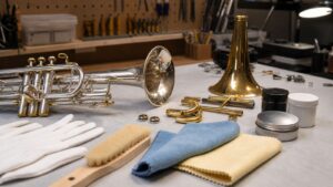 Silver and brass trumpet parts with cloths and polishing tools on a repair bench