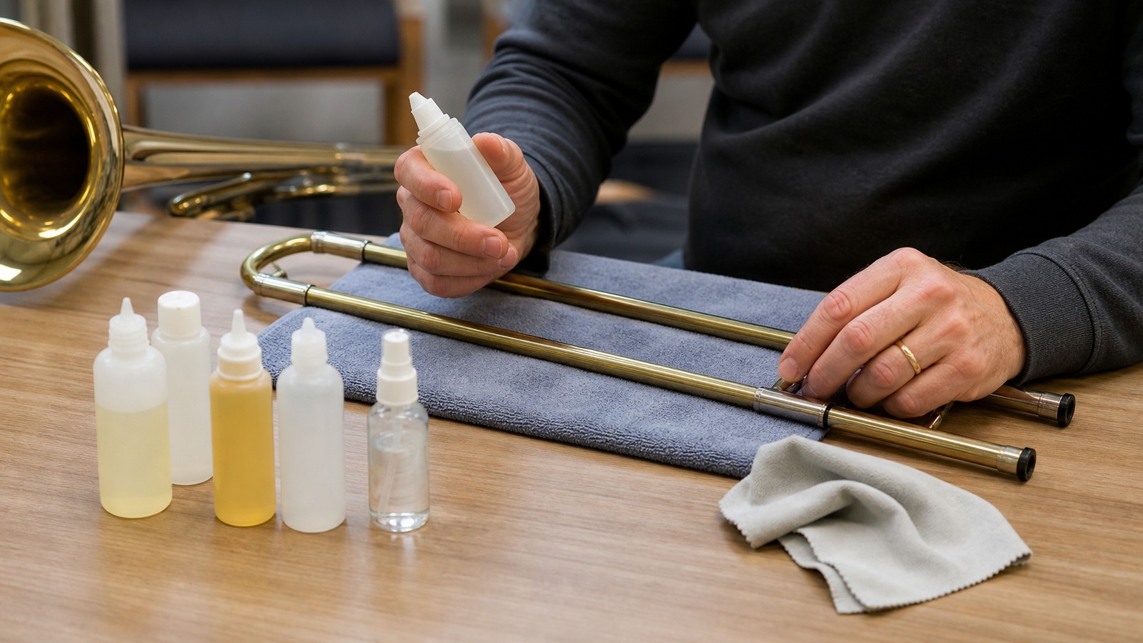 Trombone slide lubricants arranged beside a slide on a maintenance table