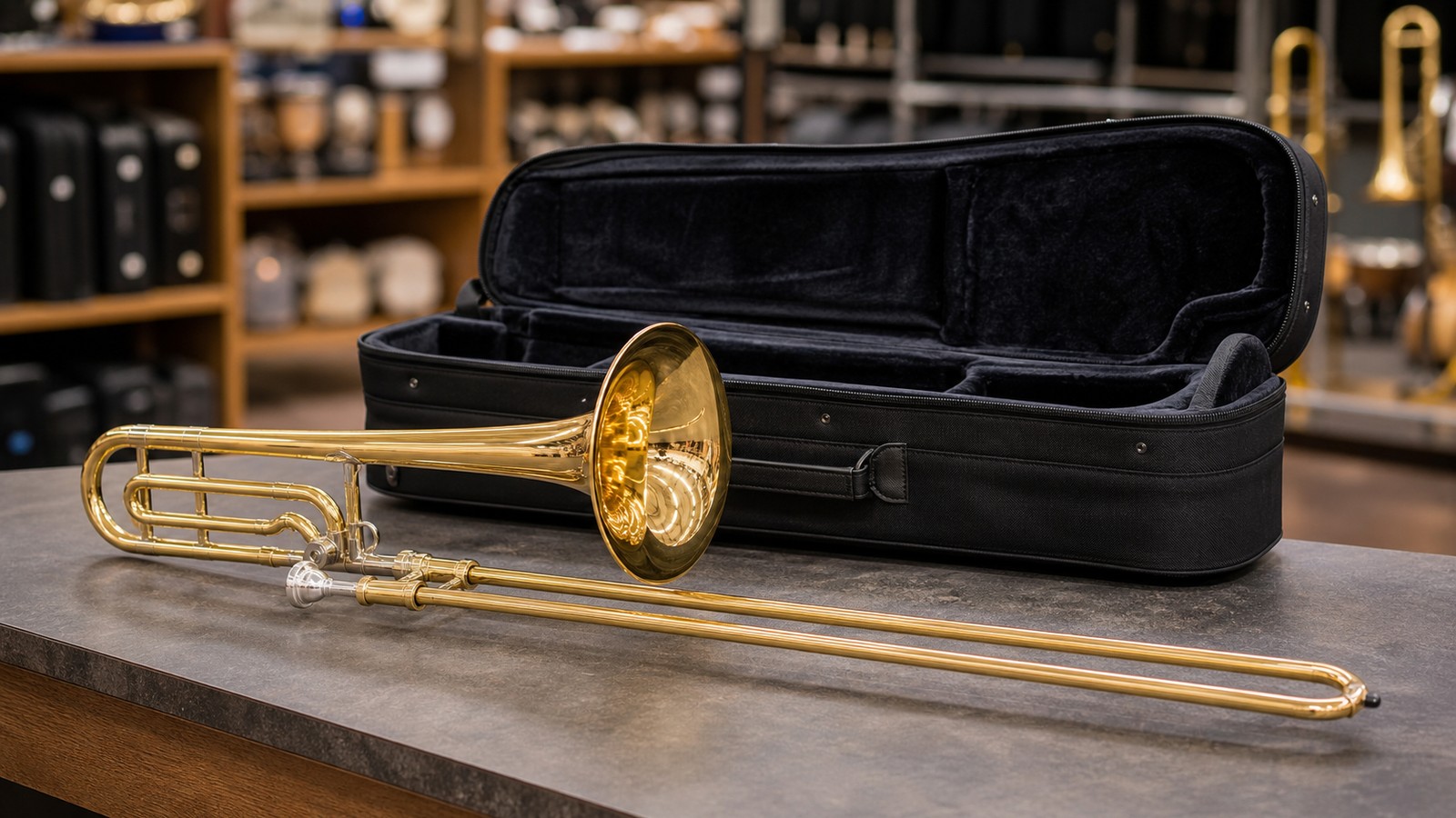 Student trombone and open case on a music shop counter