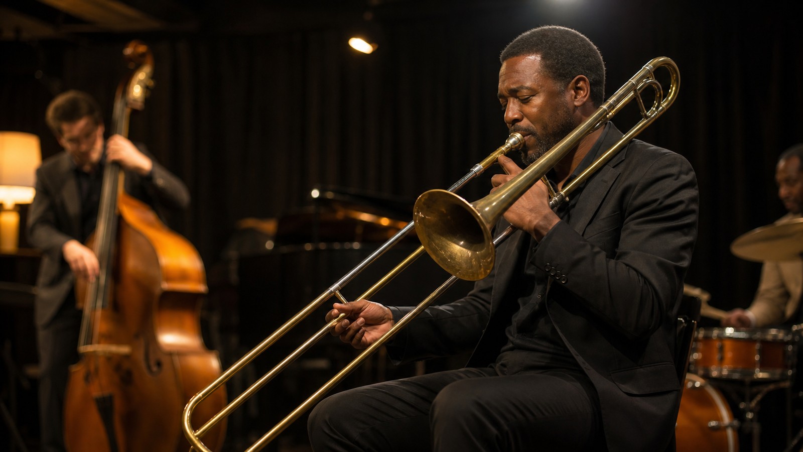 Jazz trombonist performing in a small warm-lit club setting