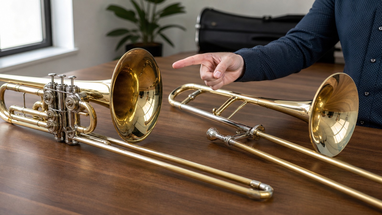 Valve trombone and slide trombone compared on a lesson studio table