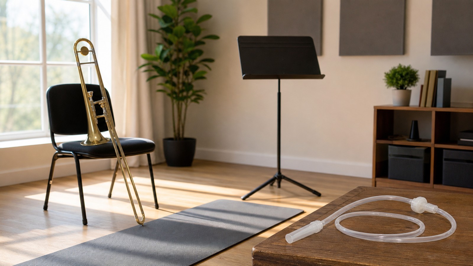 Trombone on a chair beside a blank music stand and breathing tube