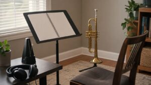 Beginner trumpet practice corner with blank notebook and trumpet on a stand