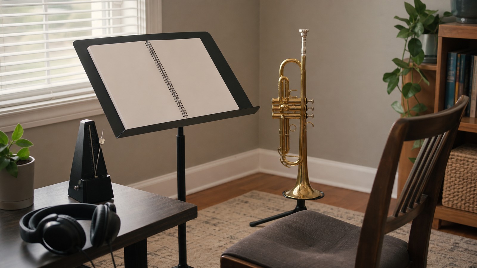 Beginner trumpet practice corner with blank notebook and trumpet on a stand