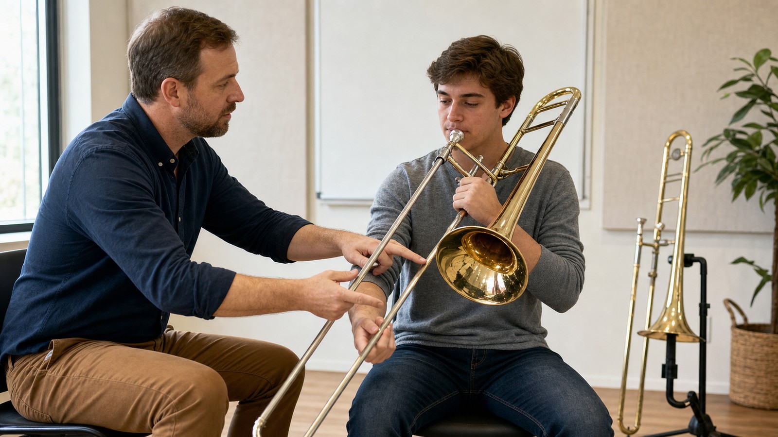 Trombone instructor helping a beginner adjust slide alignment