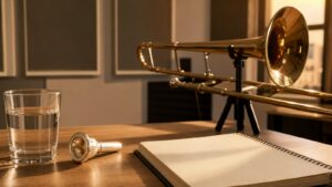 Trombone mouthpiece with trombone on a stand water glass and blank notebook