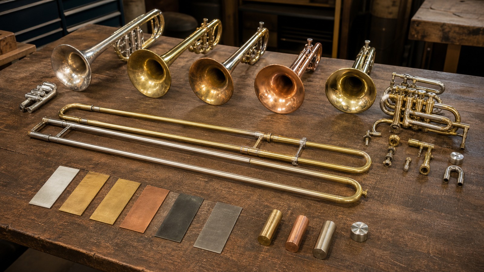 Trombone design materials and components on a workshop table