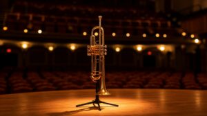 Solo trumpet on a recital stage beside a blank music stand