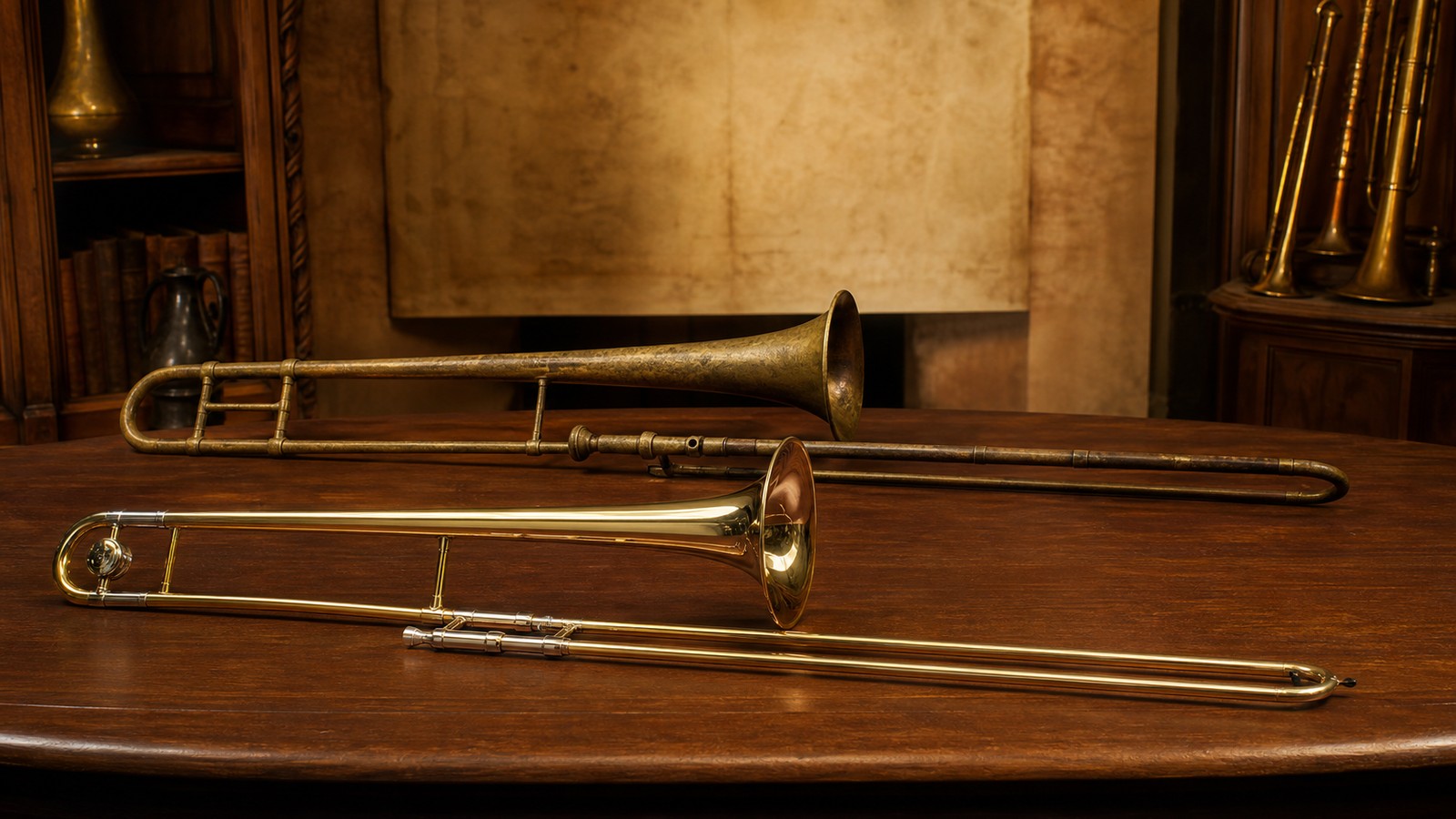 Historical sackbut and modern trombone displayed side by side