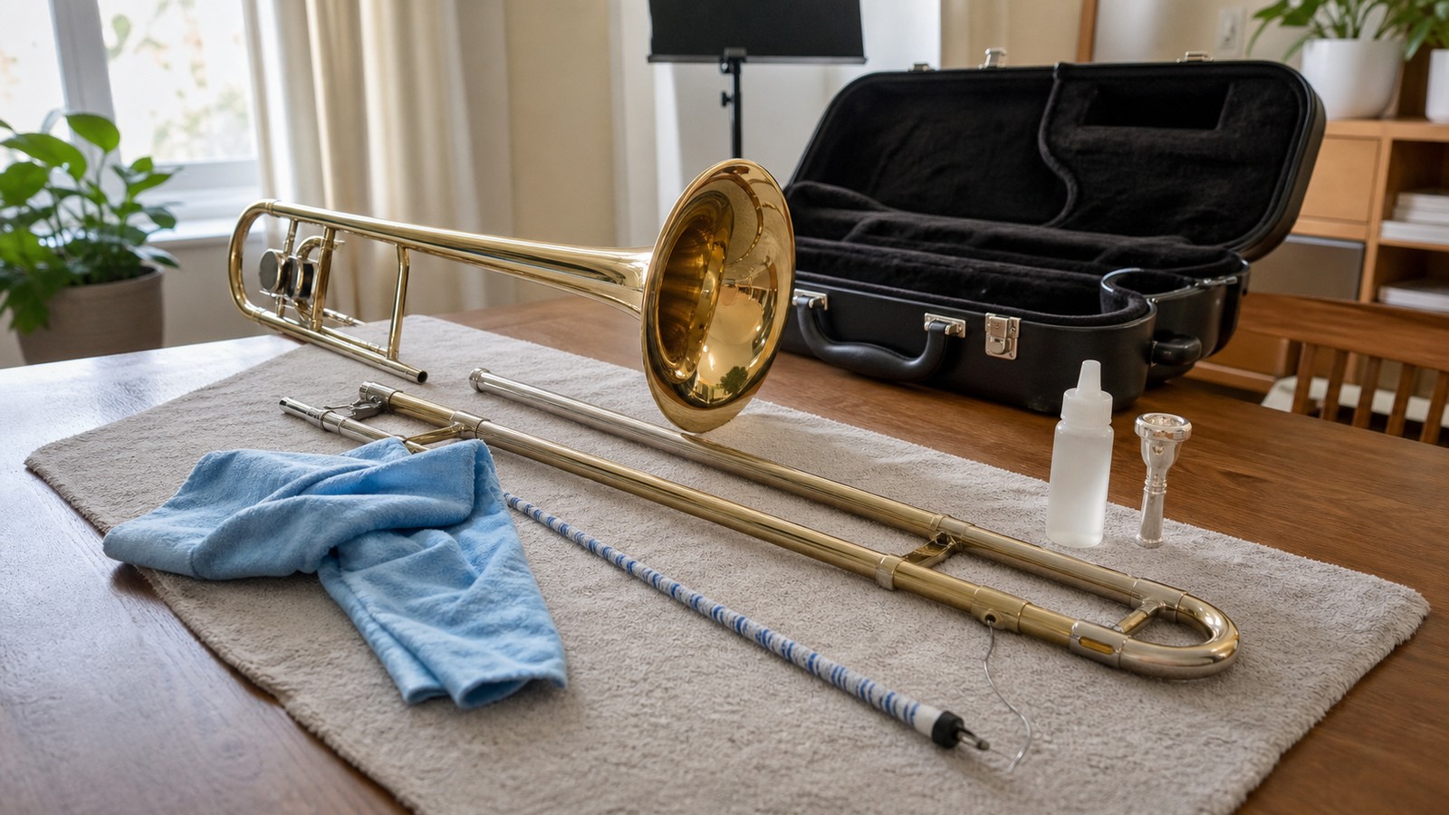 Trombone cleaning routine supplies arranged beside an open case