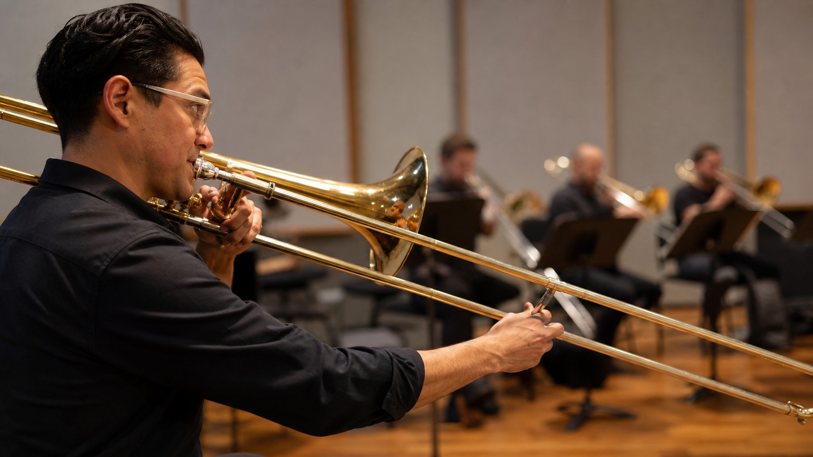 Trombonist extending the slide during rehearsal