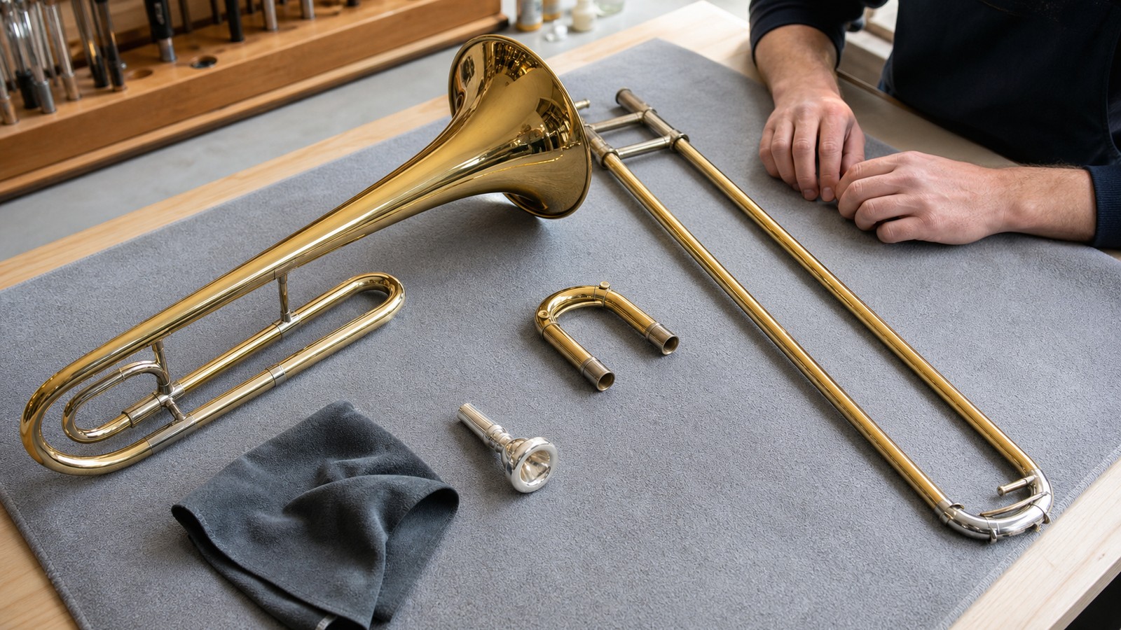 Trombone parts arranged safely on a maintenance bench