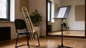Trombone beside a chair and music stand in a clean practice room