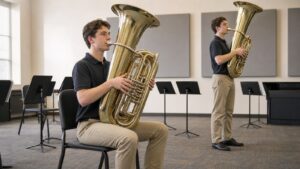 Tuba student demonstrating proper seated and standing holding posture