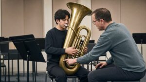 Tuba student working on intonation with a teacher in rehearsal