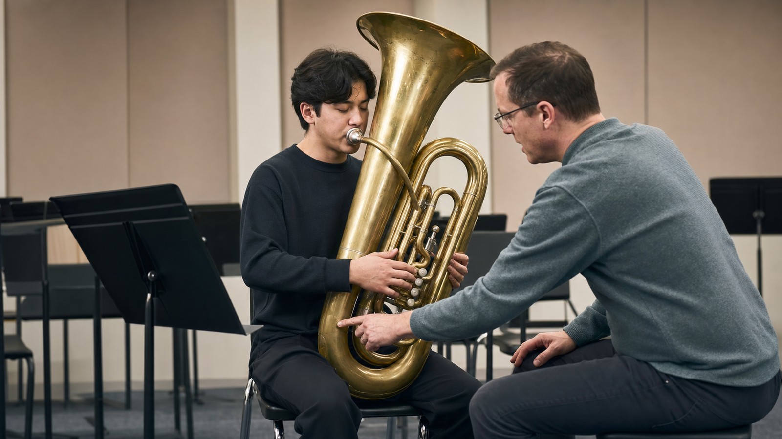 Tuba student working on intonation with a teacher in rehearsal
