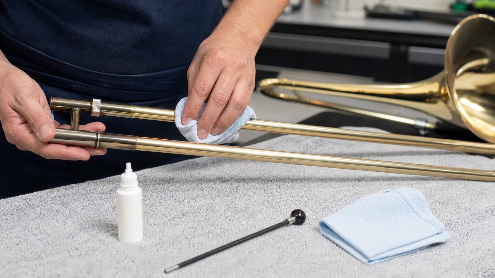 Hands cleaning and lubricating trombone slide tubes on a maintenance bench