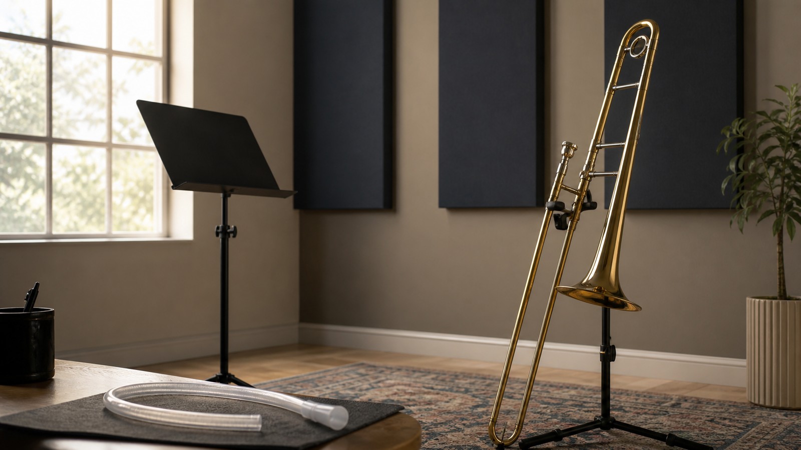 Trombone in a calm practice studio with blank music stand and breathing tube