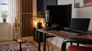 Trumpet beside a home recording microphone and blank laptop screen