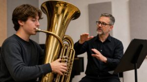 Tuba student learning smooth slurs and tonguing with a teacher