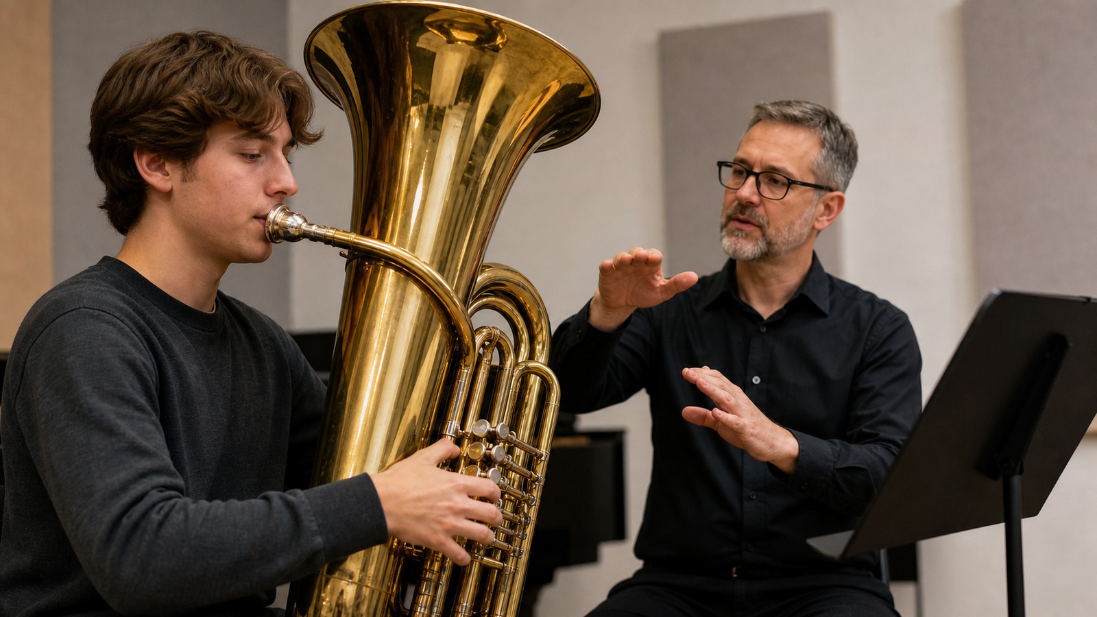 Tuba student learning smooth slurs and tonguing with a teacher
